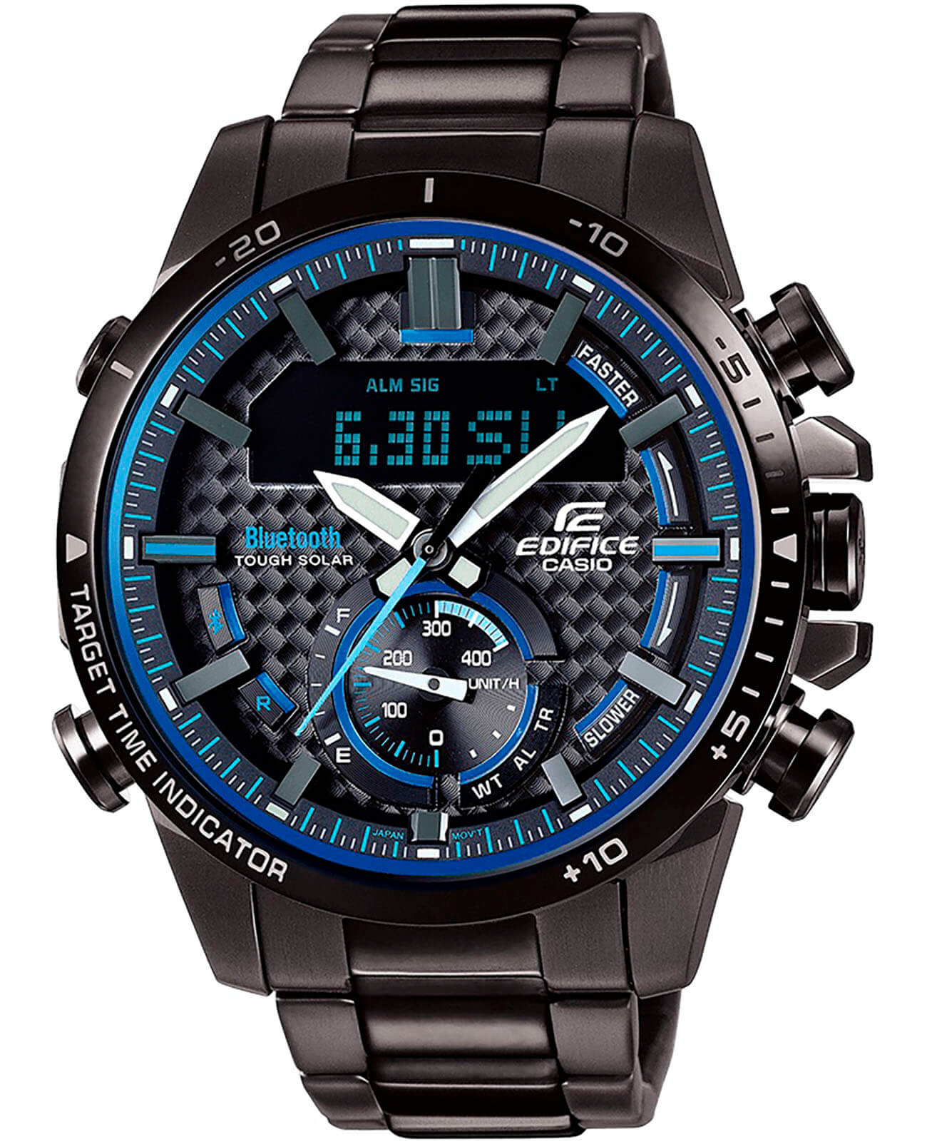 Casio Casio Edifice ECB-800DC-1A ECB ECB-800DC-1AEF кварцевые мужские часы черный циферблат, браслет сталь с ip покрытием — вид спереди